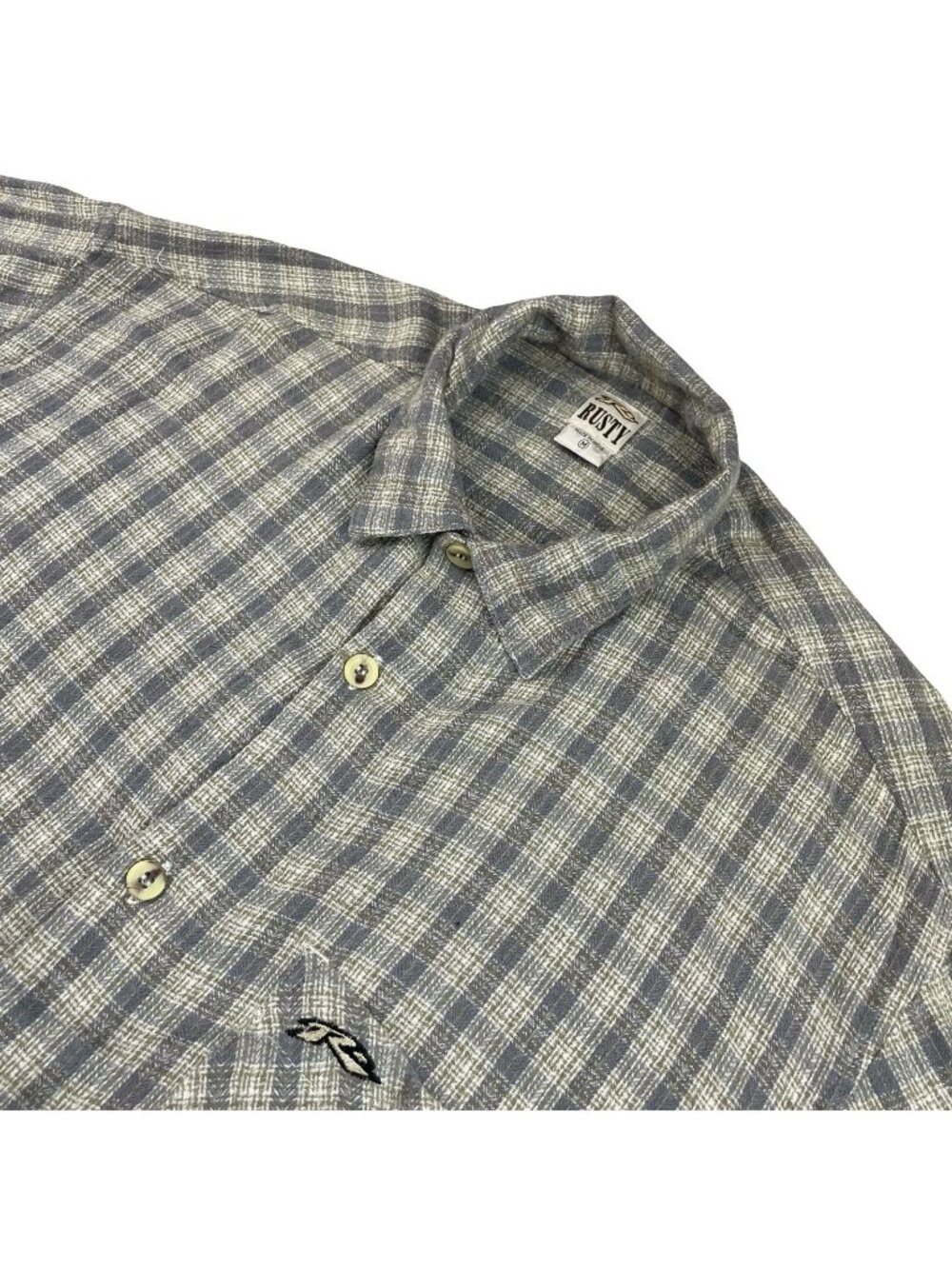 VTG 90's Rusty Men's Cotton Blend S/S Button Shirt Gray/Beige Plaid • Medium
